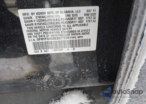 2011 Honda Pilot Ex-L from USA, damaged, VIN 5FNYF4H50BB077299